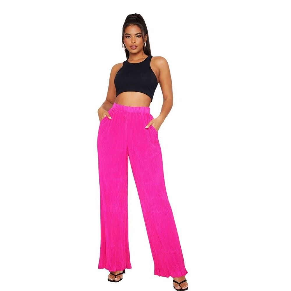 PrettyLittleThing Hot Pink Plisse High Waisted Wide Leg Trousers - Size US0